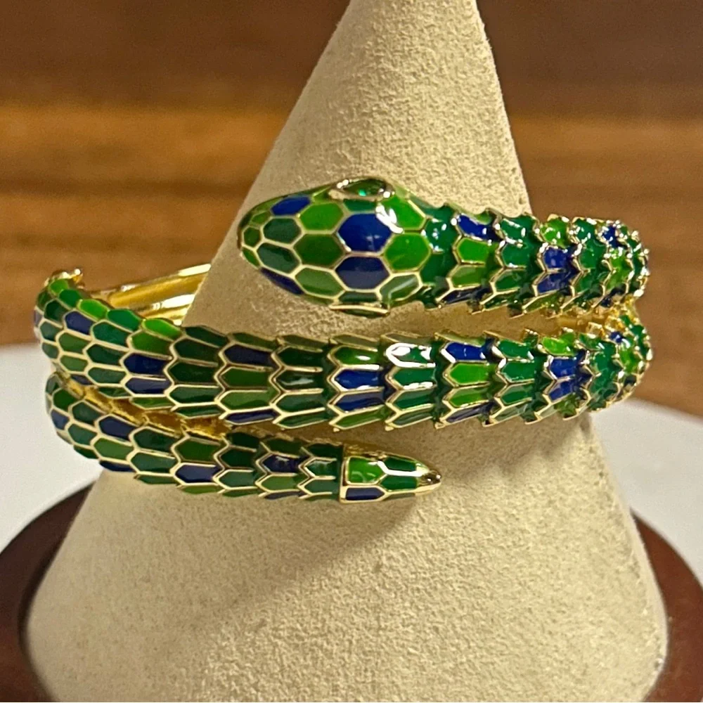 Rachel Glauber 14K Gold Plated W/ Green/Blue Cubic Zirconia 3D Serpent Bracelet - Picture 3 of 16